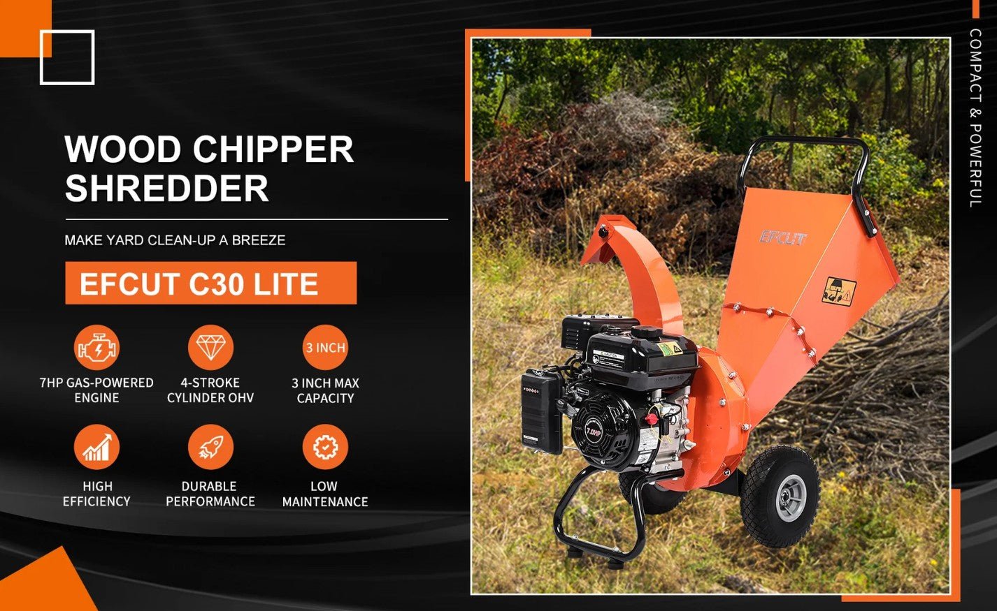 EFCUT C30 LITE Wood Chipper 3" Horizontal 7HP 212cc 4-stroke Gas-Powered 15:1 Reduction Ratio New